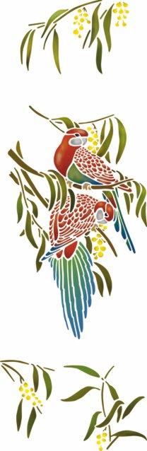 An6007 perruches mimosa pochoir oiseaux perroquets mural