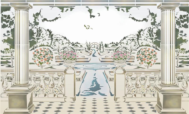 Mur1009 pochoir paysage jardin anglais pochoir mural fresque murale a peindre style pochoir medium