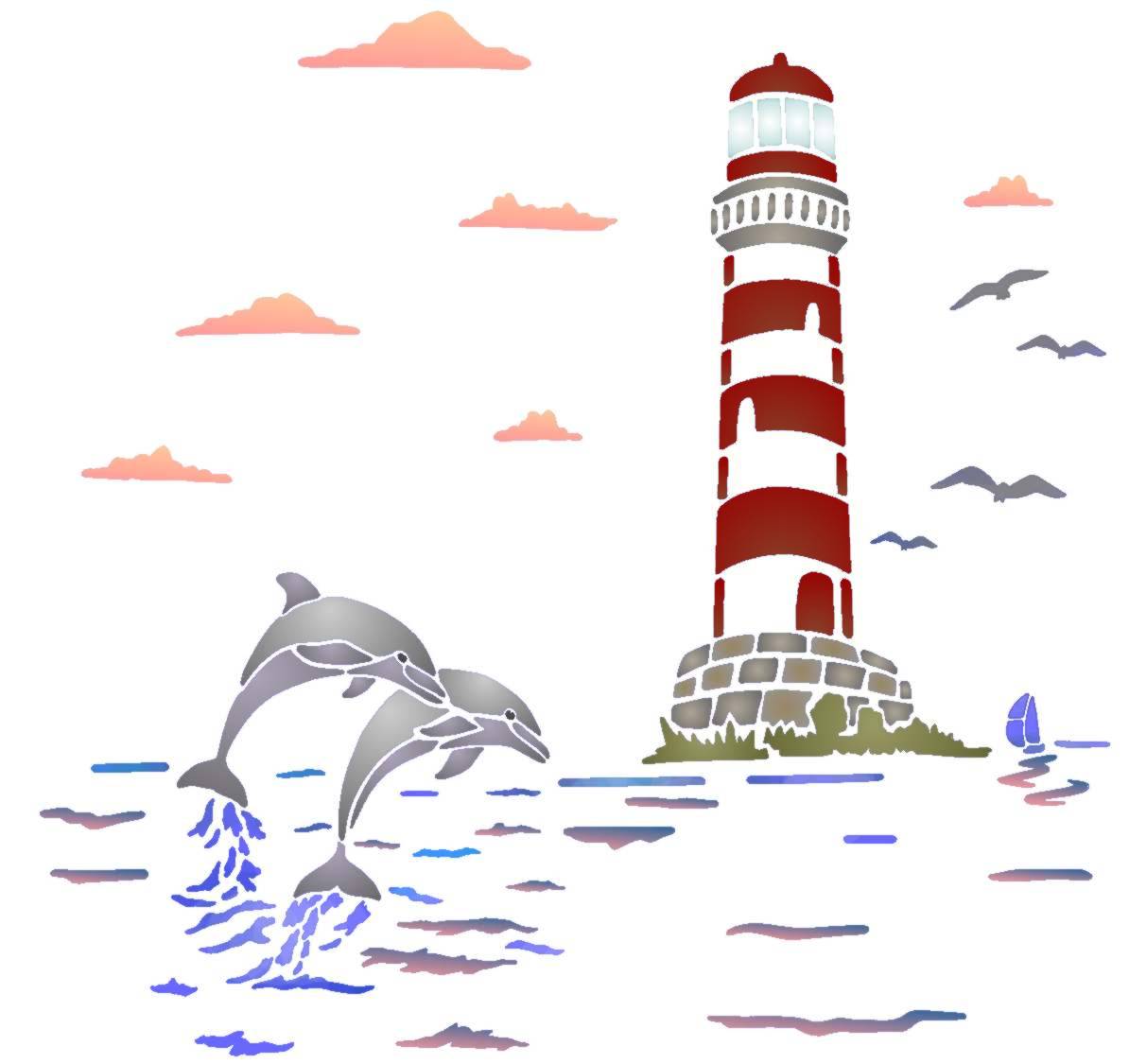 Spmu051 paysage marin phare dauphins style pochoir